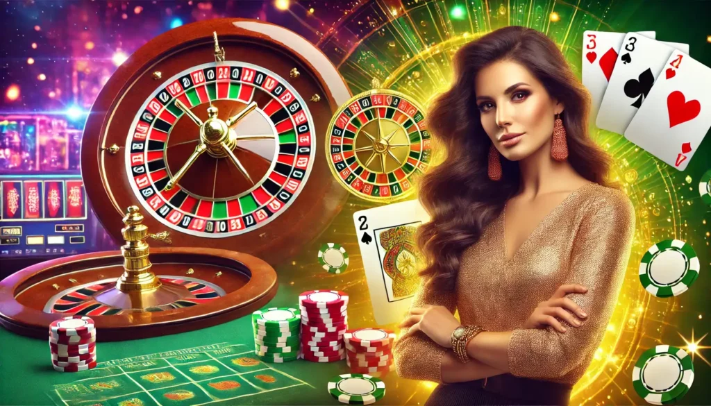 A woman stands confidently at a casino table, with poker chips and playing cards scattered before her, multiple roulette wheels spinning in the background—a perfect scene for those looking to experience the thrill of gambling through the Lucky 101 game download.