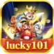 A colorful game icon featuring a king in armor, a girl with a gem, a crab with cards, and a penguin, all surrounding the text "lucky 101" at the bottom.