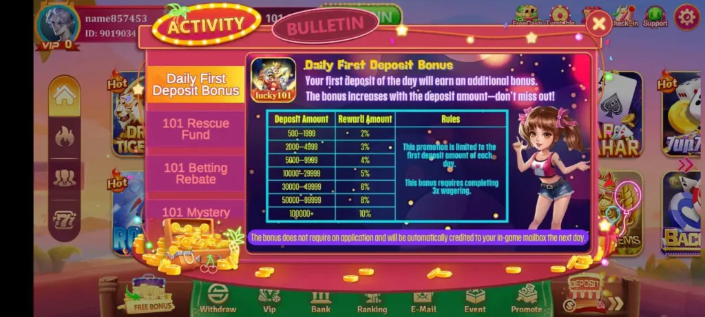 A Screenshot of Daily first deposit bonus lucky101