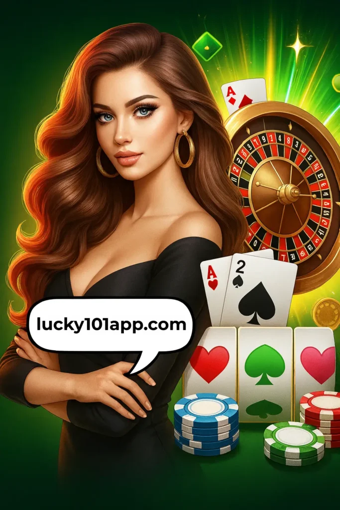 Lucky 101 Game promotional artwork showing woman with roulette wheel, poker cards, chips, and lucky101app.com branding