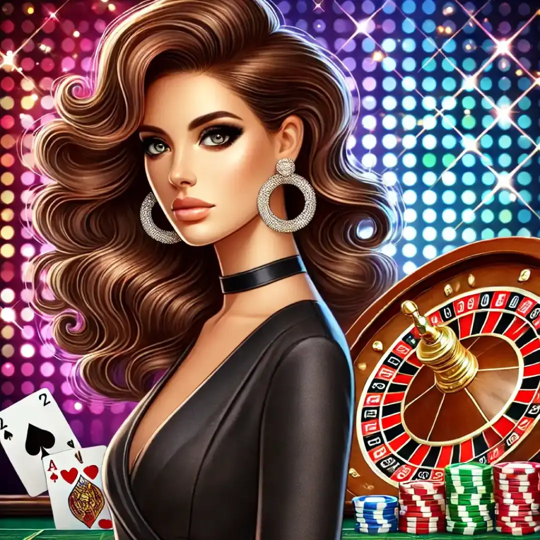 Lucky 101 Game casino theme illustration with roulette wheel, poker chips, and elegant woman