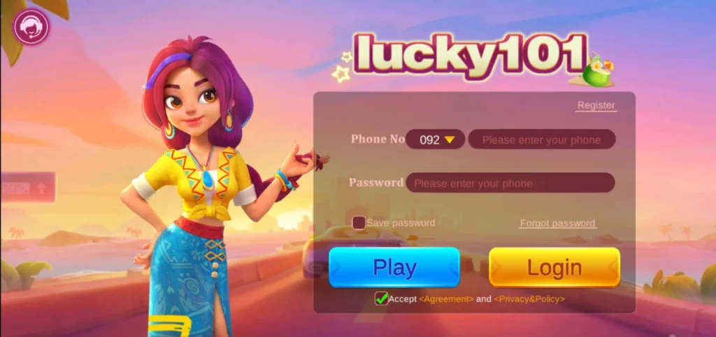 Lucky 101 login screen showing phone number and password fields with Play and Login buttons on Android app