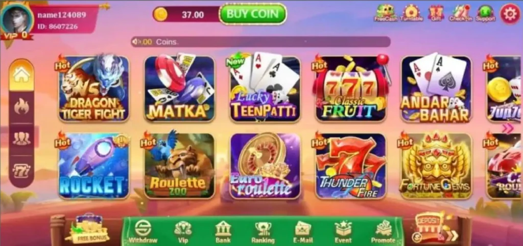 Lucky 101 Game Android App Screenshot showing Teen Patti, Matka, Andar Bahar and other casino mini-games