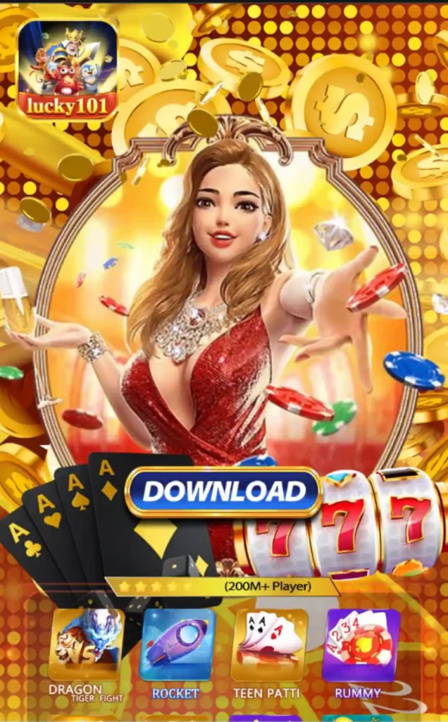A digital casino game ad featuring a woman in a red dress surrounded by poker chips, cards, gold coins, and a prominent "Lucky 101 Game Download" button at the center.